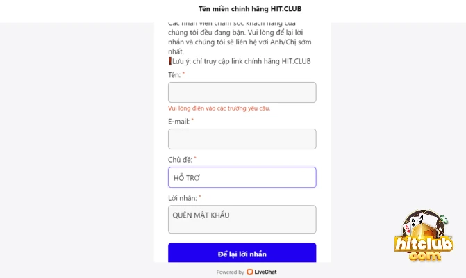 Cung cấp các thông tin xác minh tài khoản Hitclub