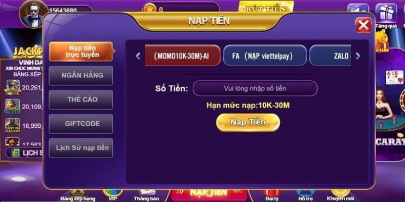 Có nhiều cách nạp tiền để chơi tài xỉu tại 68 game bài